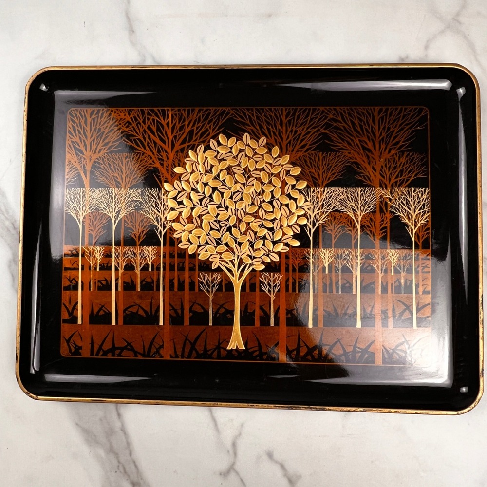 Vintage Otagiri Serving Tray Black Gold Lacquer Forest Tree MCM Japan Craft